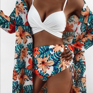 Floral & Tropical Twist Bikini Swimsuit with Kimono